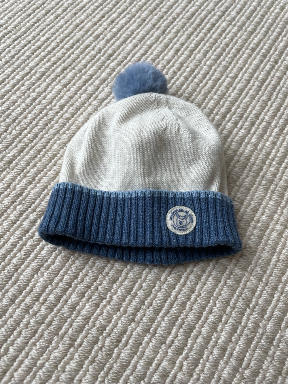 Mayoral Cream Beanie with Blue Cuff and Pom